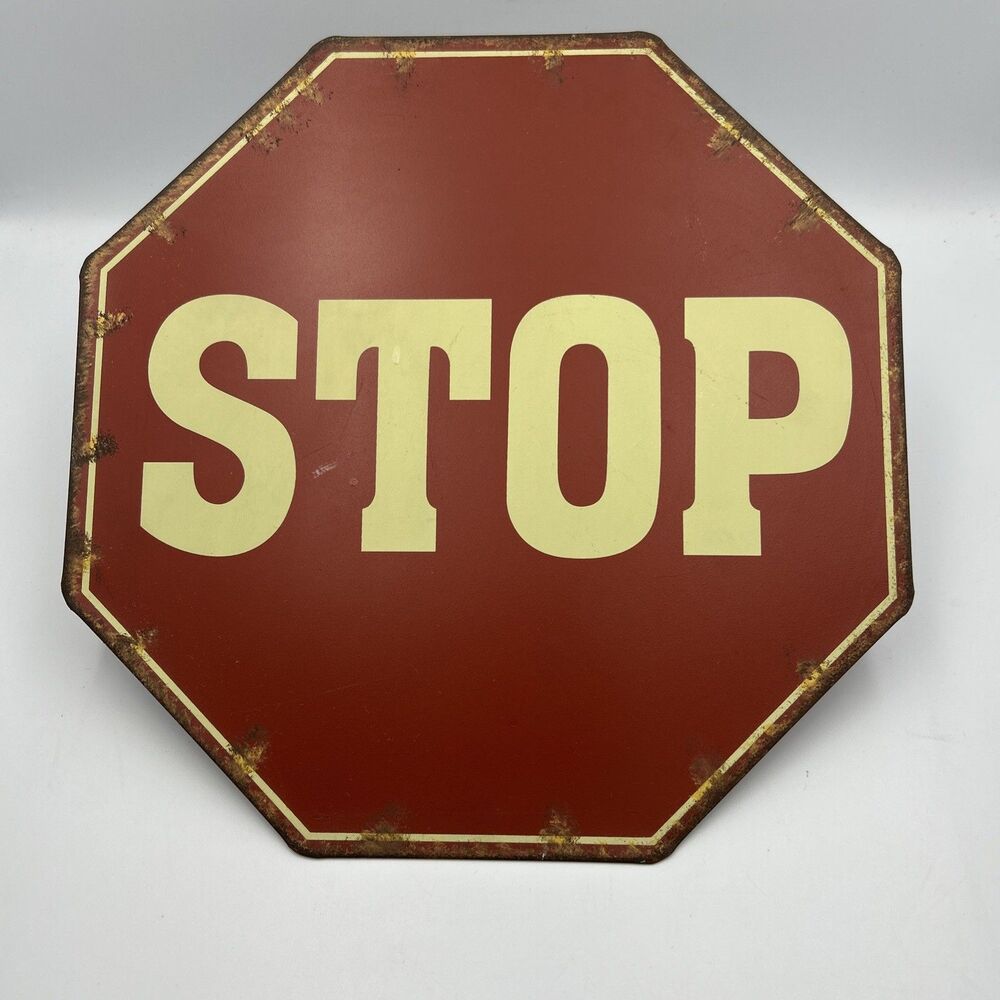 Metal STOP Sign Octagon Distressed Retro Garage Wall Decor Red Cream